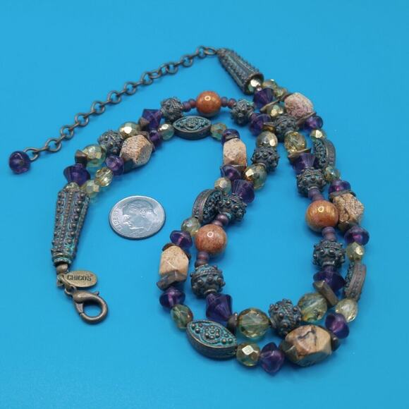 Chico's Gemstone Beaded Necklace, Brass Beads End Caps, Quartz Glass Brass, 19" - Picture 8 of 12